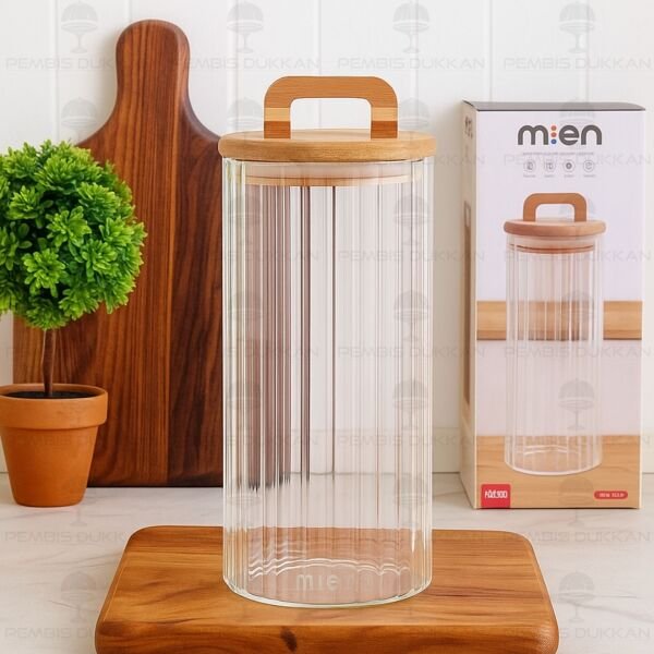 Kare Milla 1850ml Bambu Kapaklı, Çizgili Kavanoz (Bor 096)