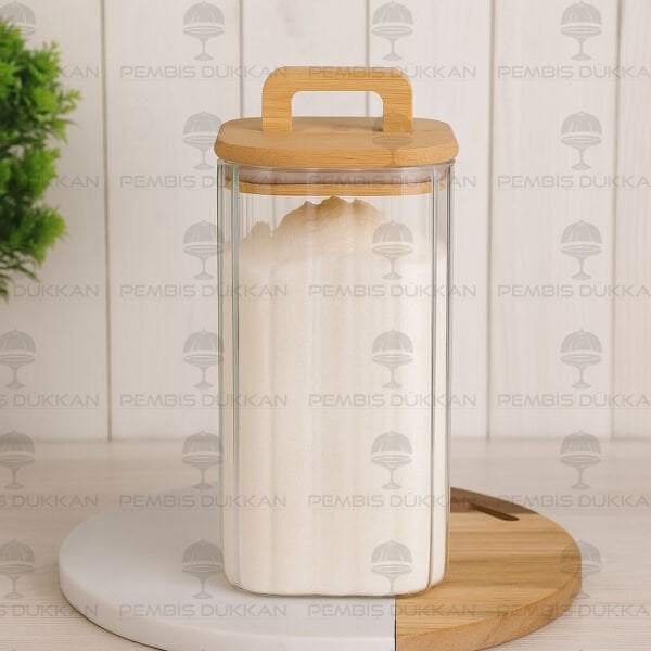 KARE MİLLA 1500ML BAMBU KAPAKLI, ÇİZGİLİ KAVANOZ (BOR 095)