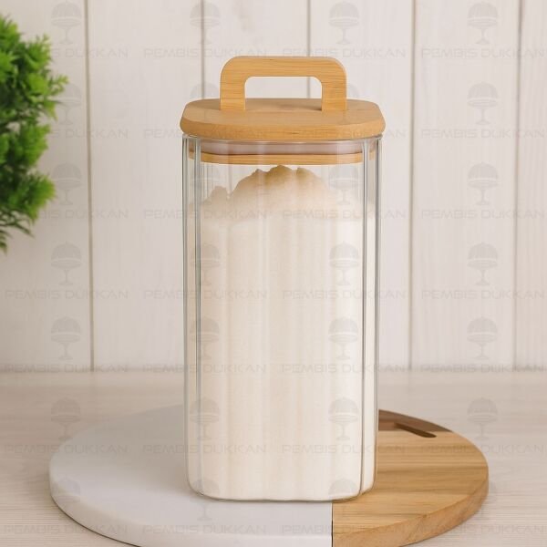 Kare Milla 1500ml Bambu Kapaklı, Çizgili Kavanoz (Bor 095)
