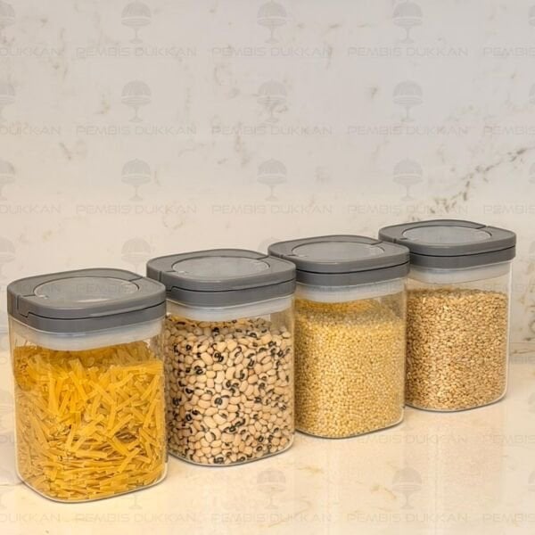 4 GRİ KARE TESORA, 900ML ERZAK KAVANOZ SETİ