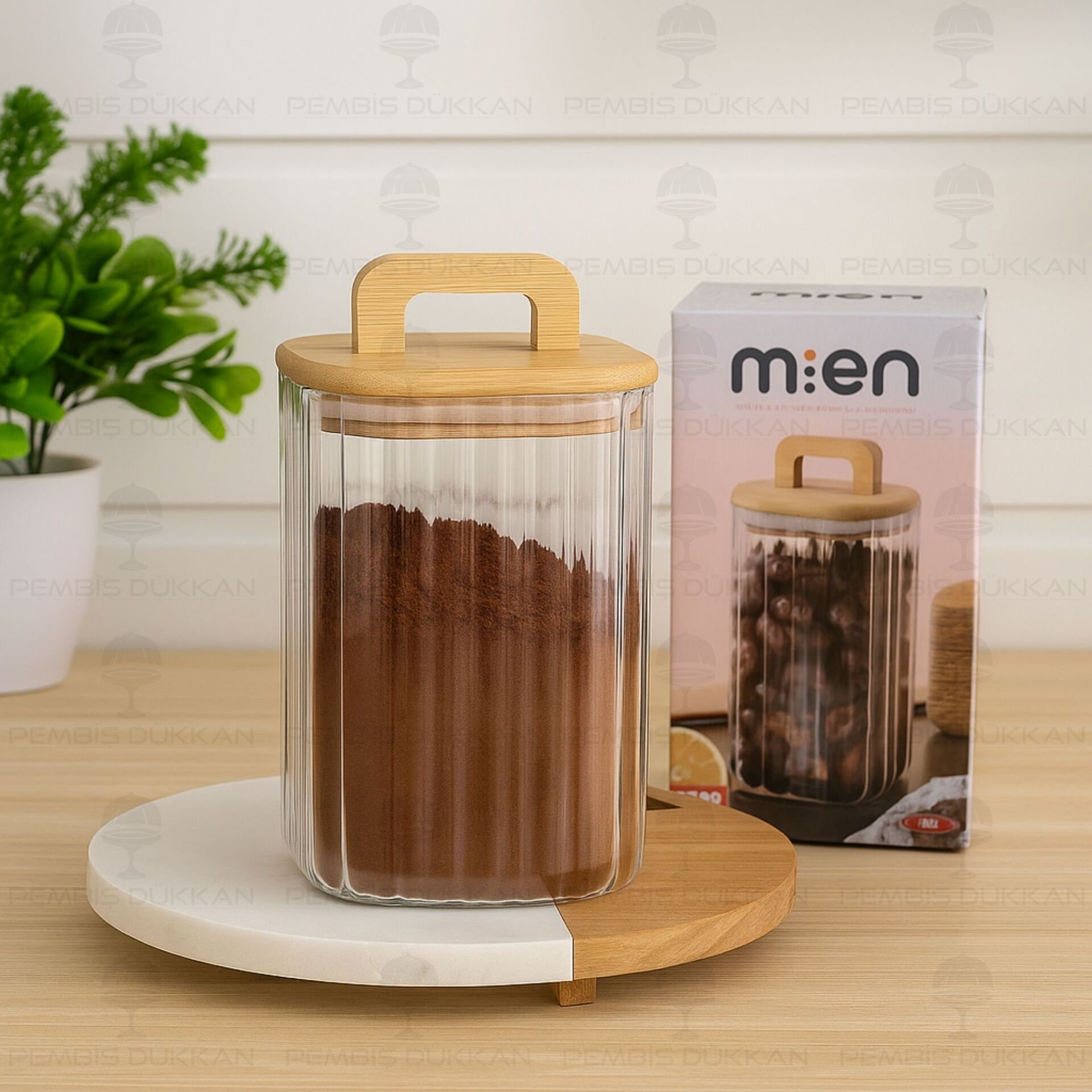 KARE MİLLA 1100ML BAMBU KAPAKLI, ÇİZGİLİ KAVANOZ (BOR 094)