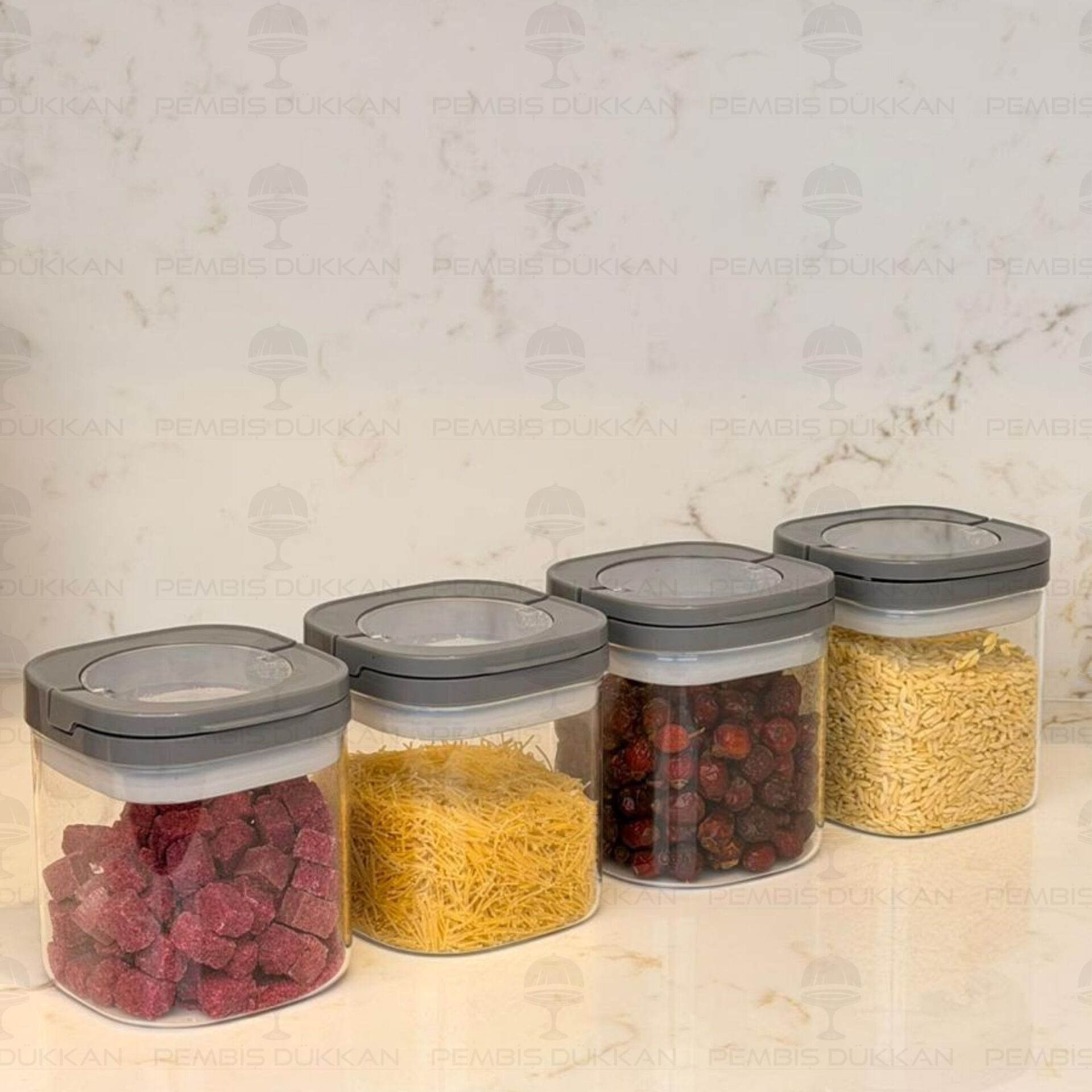 4 GRİ KARE TESORA, 600ML ERZAK KAVANOZ SETİ