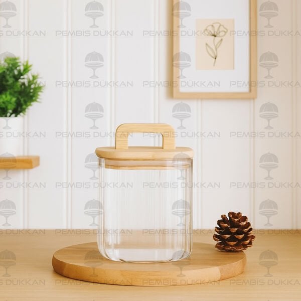 KARE MİLLA 700ML BAMBU KAPAKLI, ÇİZGİLİ KAVANOZ (BOR 093)