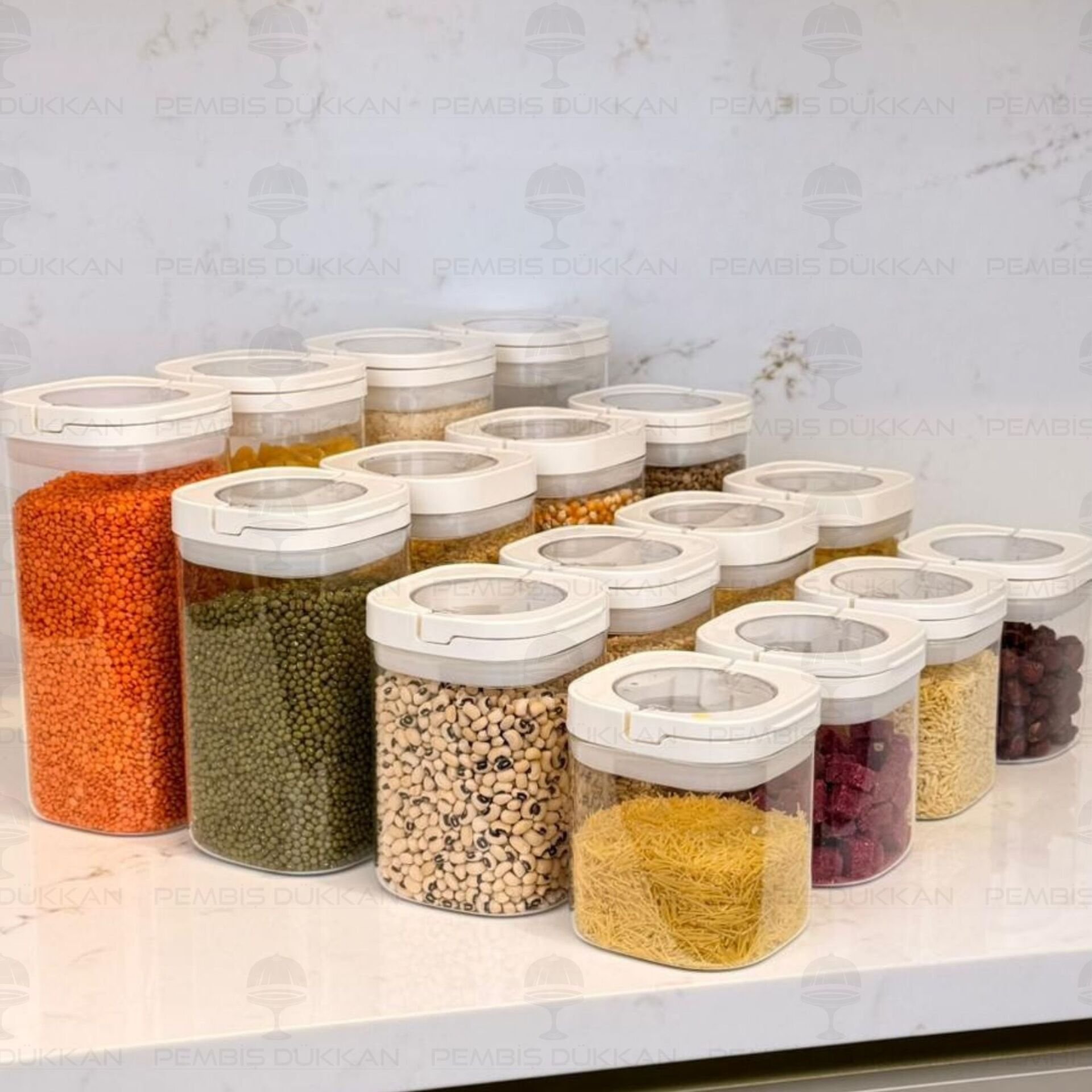 16LI BEYAZ KARE TESORA, ERZAK KAVANOZ SETİ (600ML-900ML-1200ML-1500ML)