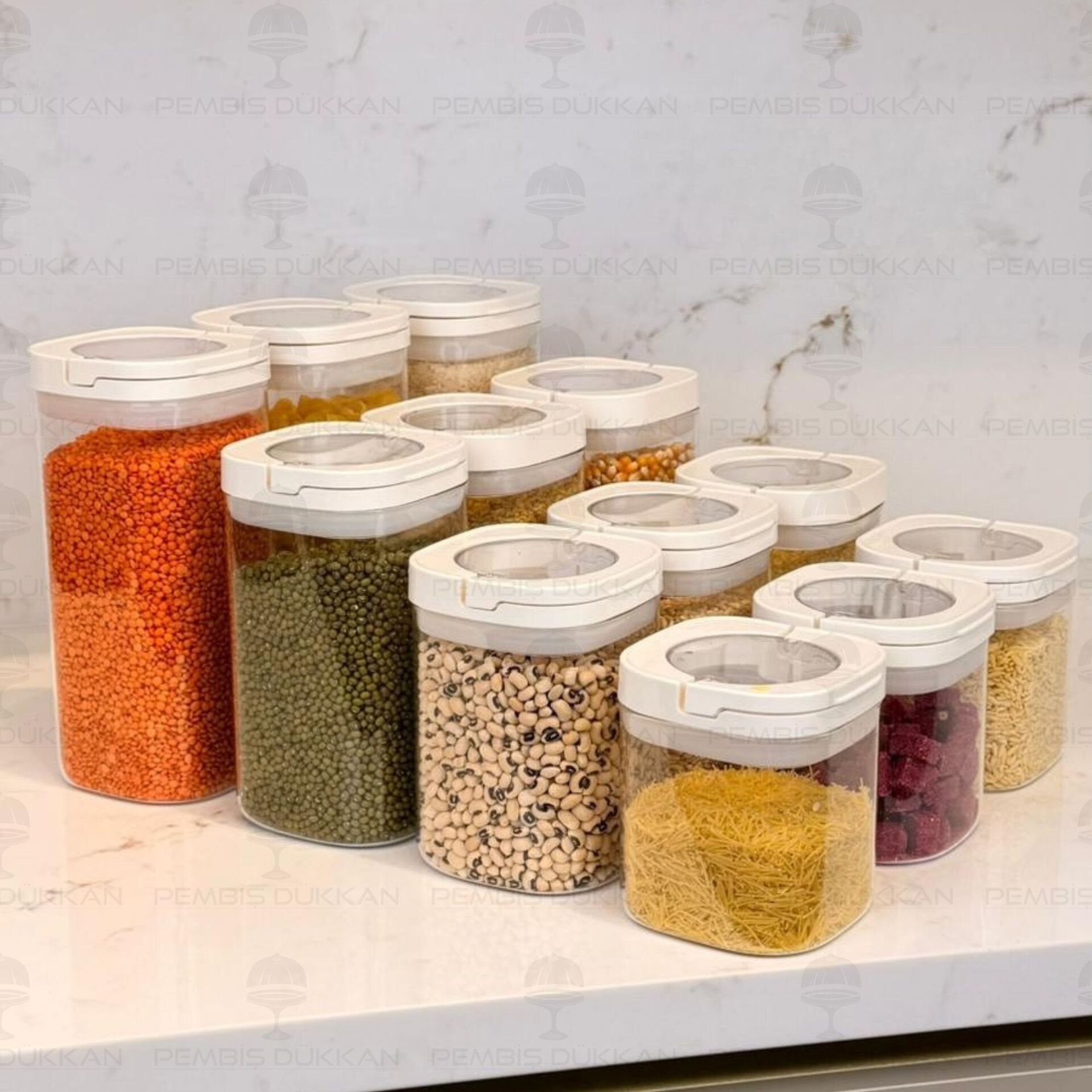 12Lİ BEYAZ KARE TESORA, ERZAK KAVANOZ SETİ (600ML-900ML-1200ML-1500ML)