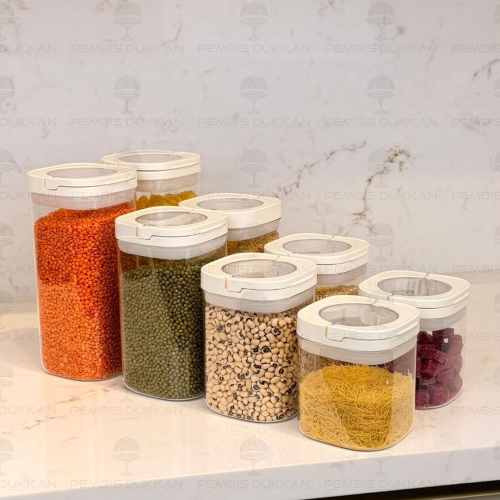 8Lİ BEYAZ KARE TESORA, ERZAK KAVANOZ SETİ (600ML-900ML-1200ML-1500ML)