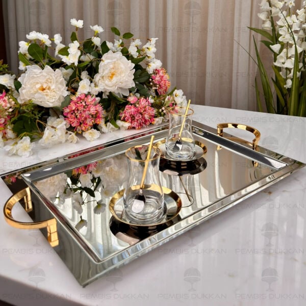 Celine Gold Dikdörtgen Çelik Çay Tepsisi