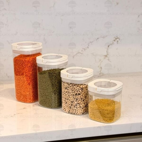 4LÜ BEYAZ KARE TESORA, ERZAK KAVANOZ SETİ (600ML-900ML-1200ML-1500ML)