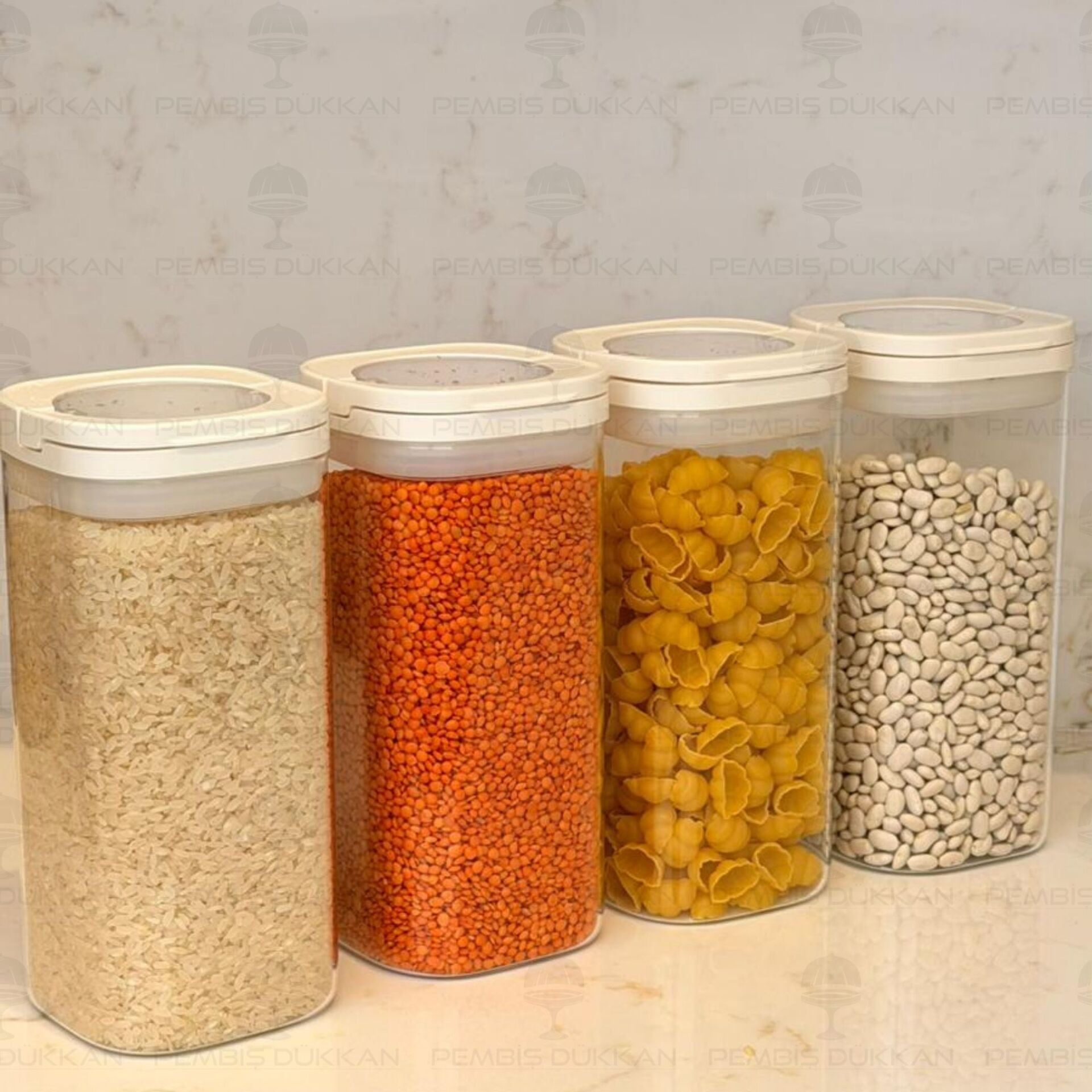 4LÜ BEYAZ KARE TESORA, 1500ML ERZAK KAVANOZ SETİ