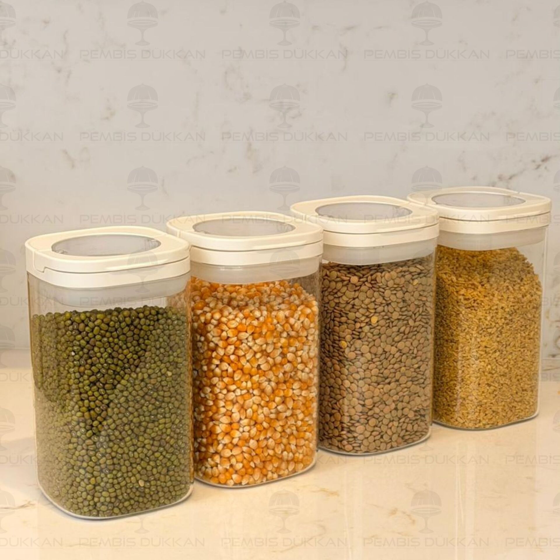 4LÜ BEYAZ KARE TESORA, 1200ML ERZAK KAVANOZ SETİ