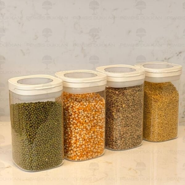 4LÜ BEYAZ KARE TESORA, 1200ML ERZAK KAVANOZ SETİ