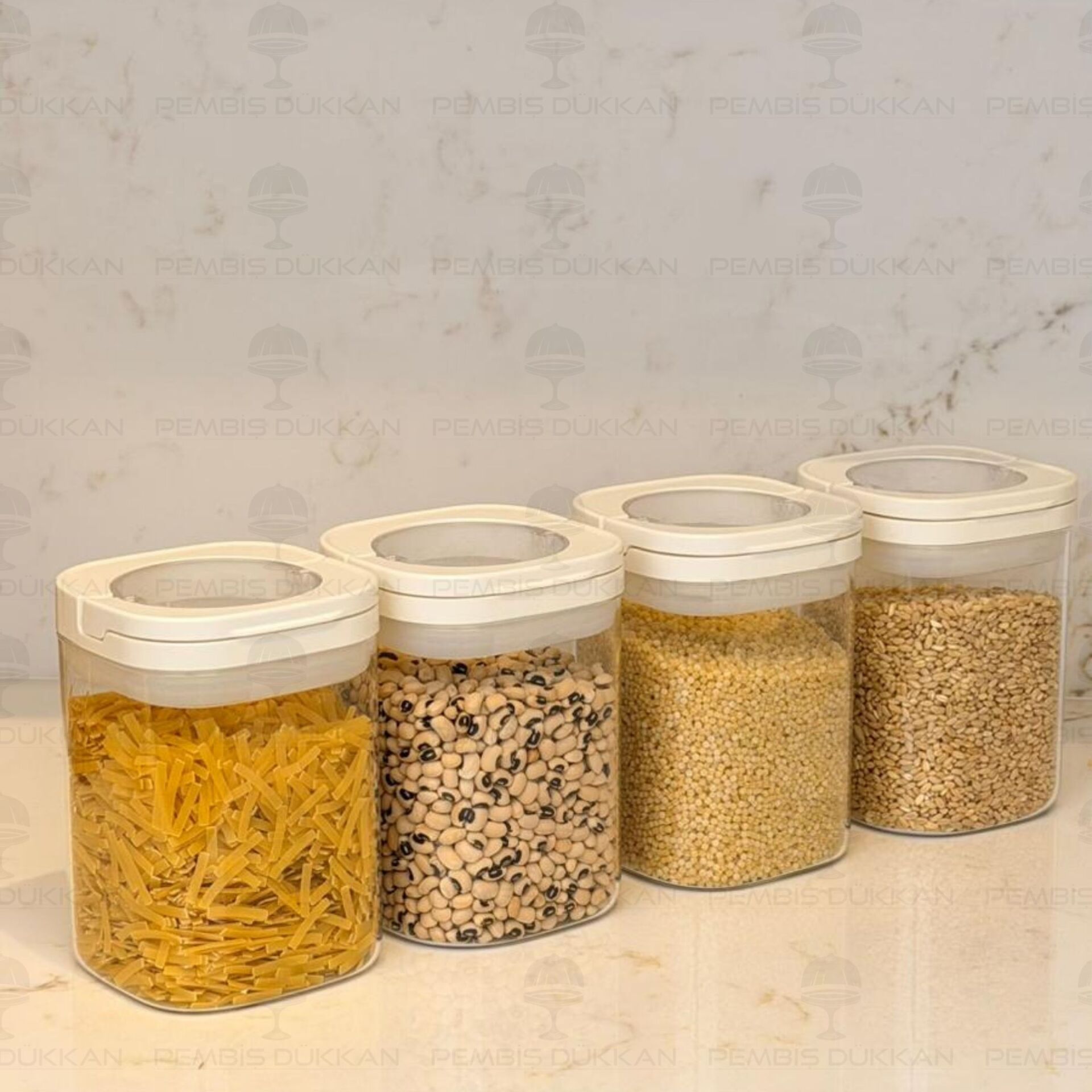 4LÜ BEYAZ KARE TESORA, 900ML ERZAK KAVANOZ SETİ