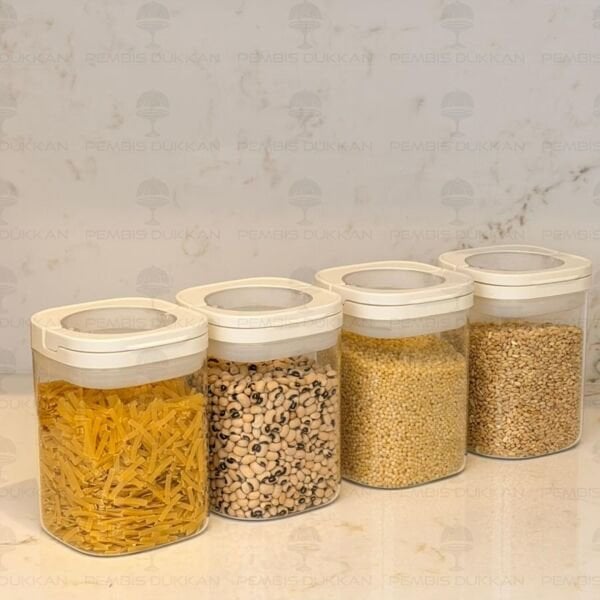 4LÜ BEYAZ KARE TESORA, 900ML ERZAK KAVANOZ SETİ