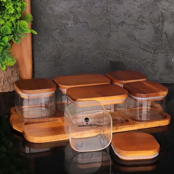 6LI AKASYA KAPAKLI, TEPSİLİ CAM KAHVALTILIK (BOR 077)