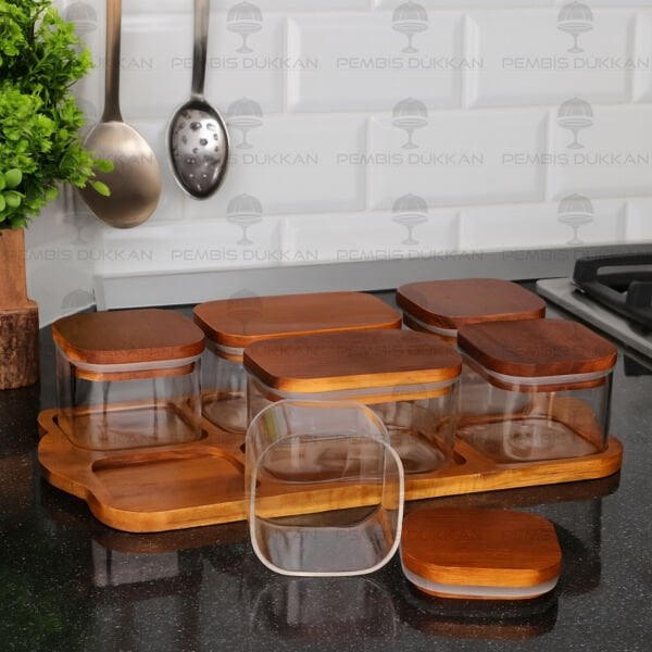 6LI AKASYA KAPAKLI, TEPSİLİ CAM KAHVALTILIK (BOR 077)