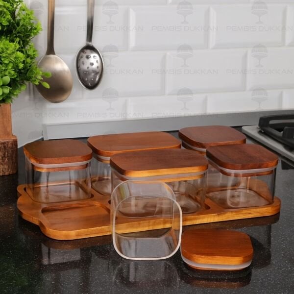 6LI AKASYA KAPAKLI, TEPSİLİ CAM KAHVALTILIK (BOR 077)