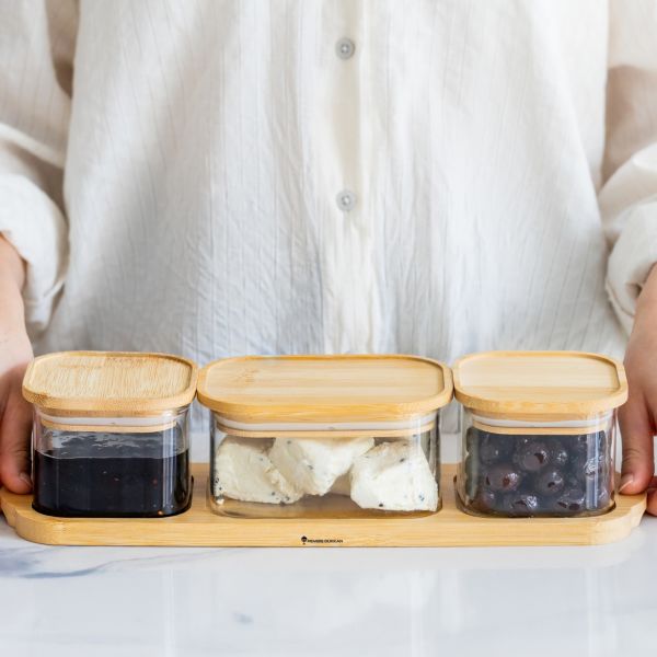 3LÜ BAMBU KAPAKLI, TEPSİLİ CAM KAHVALTILIK (BOR 0005)