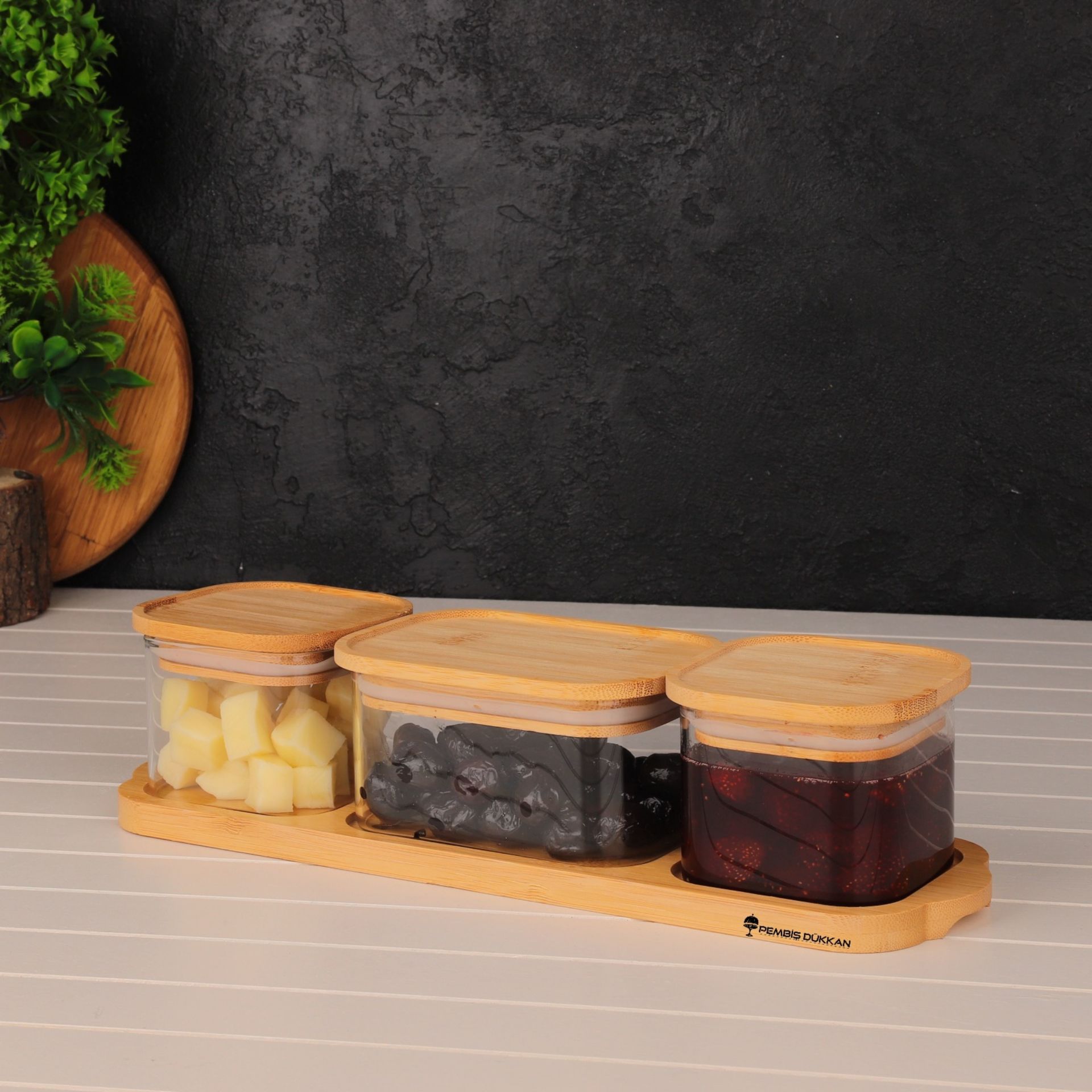 3LÜ BAMBU KAPAKLI, TEPSİLİ CAM KAHVALTILIK (BOR 0005)