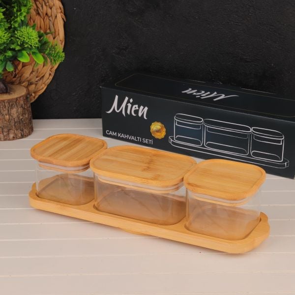 3LÜ BAMBU KAPAKLI, TEPSİLİ CAM KAHVALTILIK (BOR 0005)