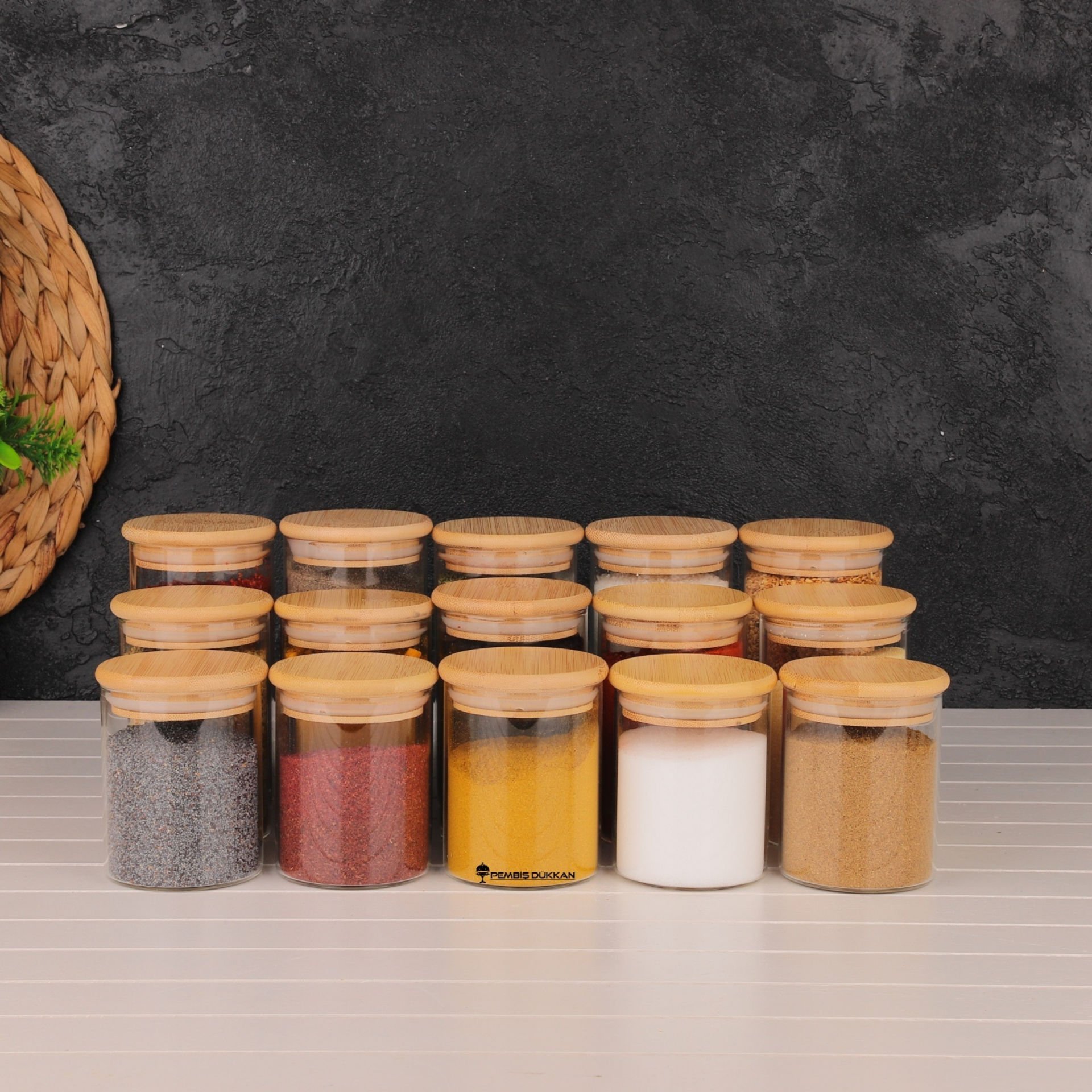 15Lİ MN YUVARLAK BAMBU KAPAKLI BAHARATLIK SET