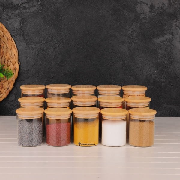 15Lİ MN YUVARLAK BAMBU KAPAKLI BAHARATLIK SET