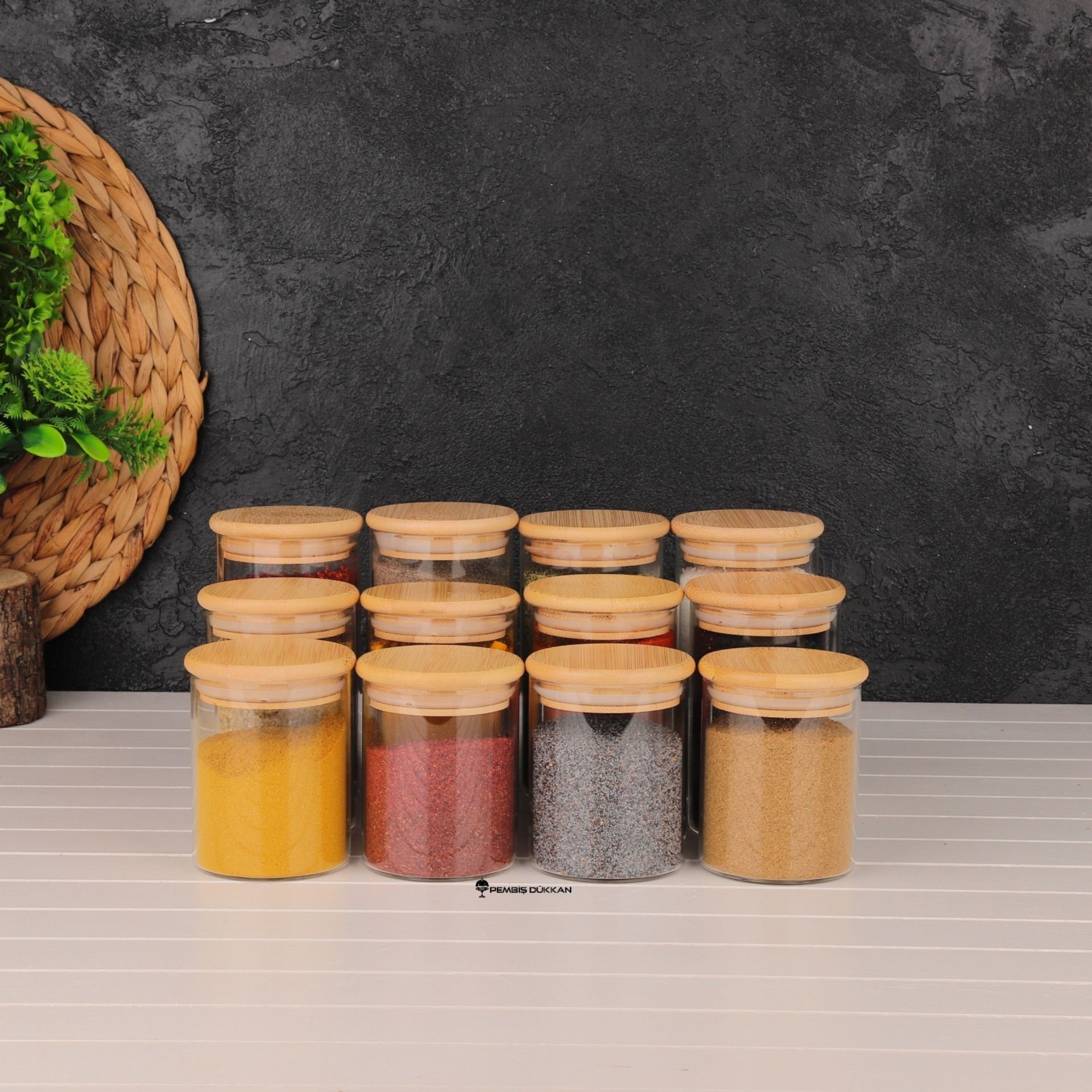 12Lİ MN YUVARLAK BAMBU KAPAKLI BAHARATLIK SET