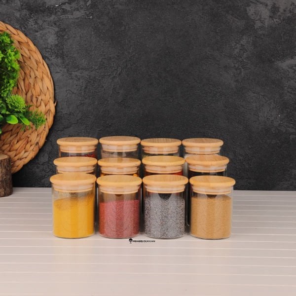 12Lİ MN YUVARLAK BAMBU KAPAKLI BAHARATLIK SET