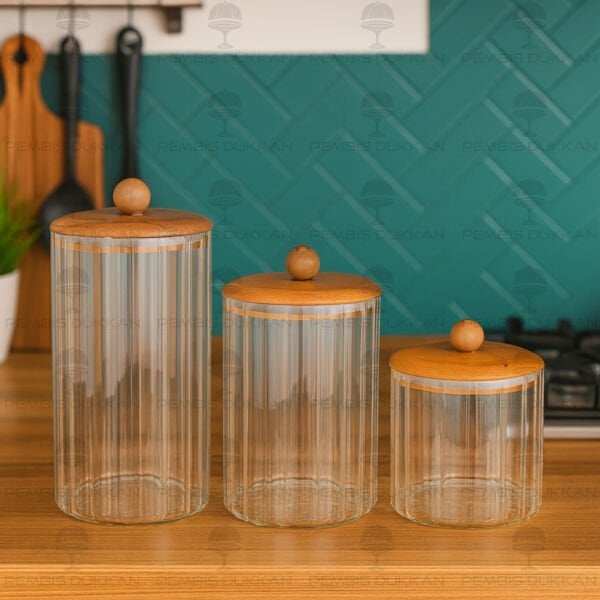 3LÜ TOP TUTACAKLI AKASYA ÇİZGİLİ KAVANOZ SET NO 2