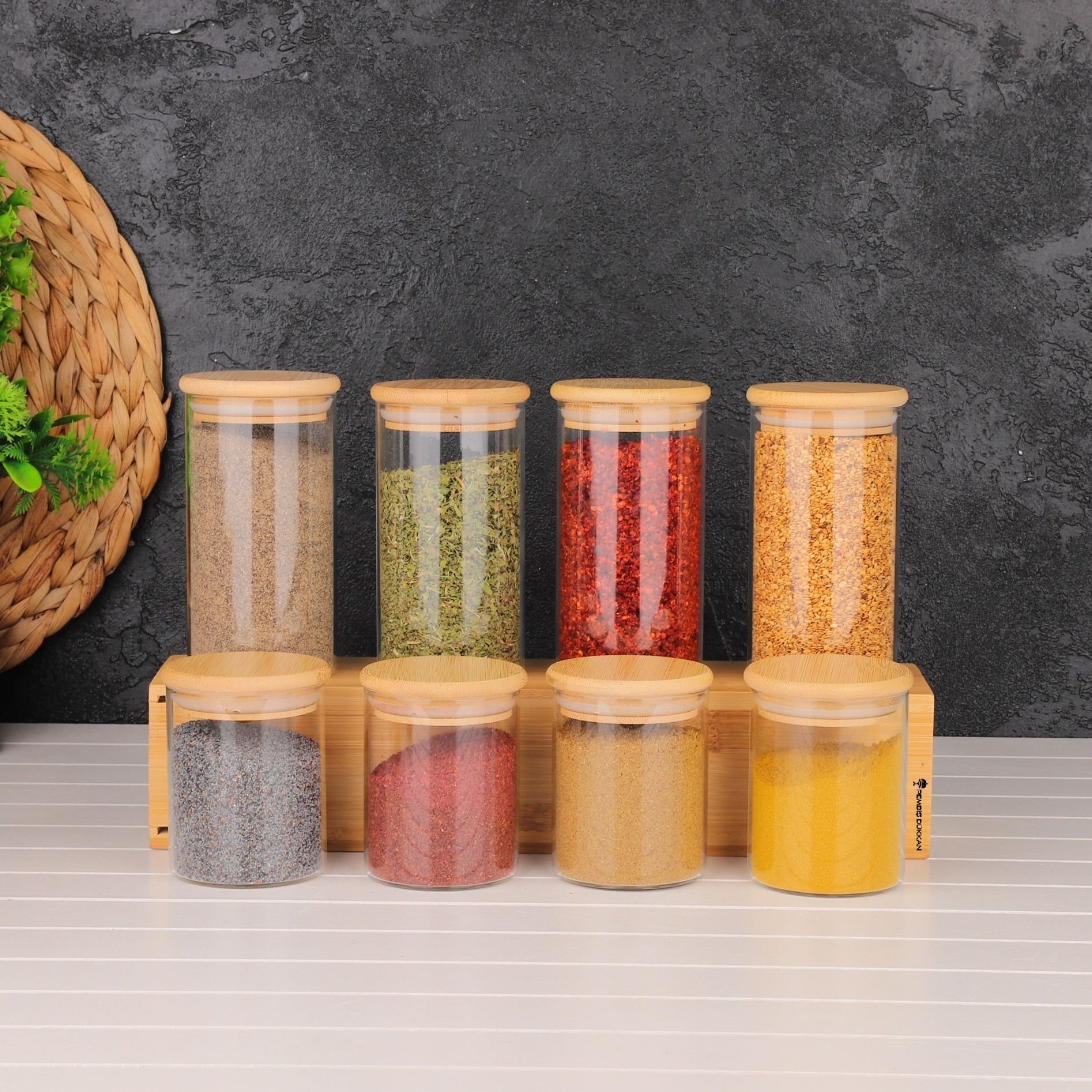 8'Lİ MN YUVARLAK BAMBU KAPAKLI BAHARATLIK SET(200-300ML)