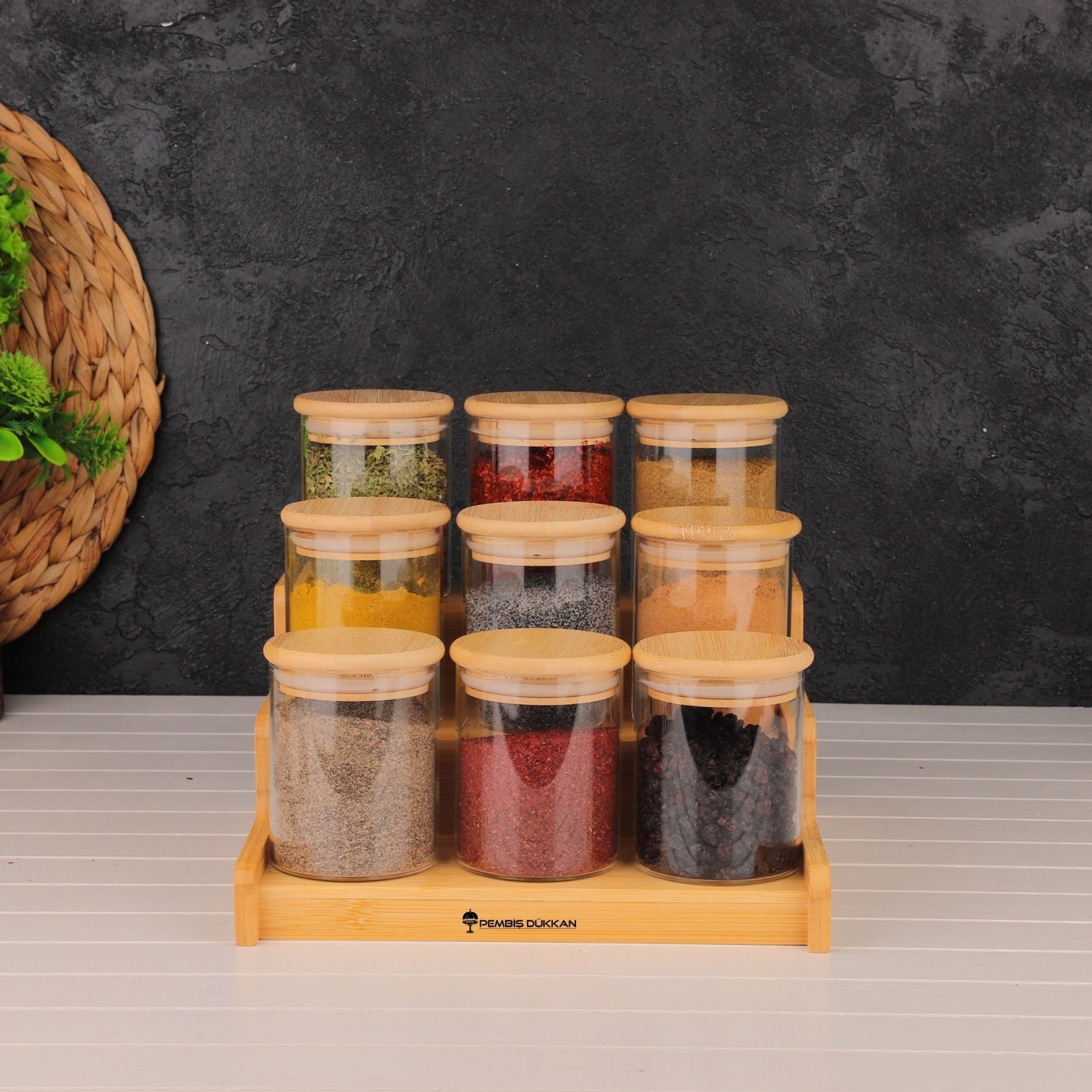 3 KATLI BAMBU THN STAND+9'LU MN YUVARLAK BAMBU KAPAKLI BAHARATLIK SET