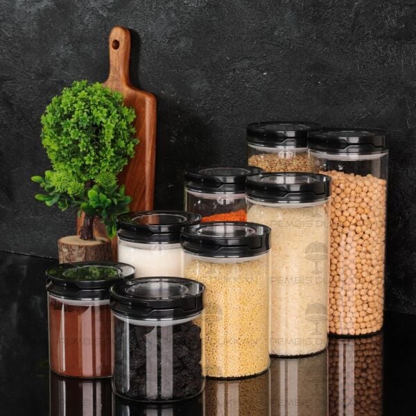 8Lİ SİYAH TESORA, ERZAK KAVANOZ SETİ (850ML-1300ML-1650ML-2100ML)