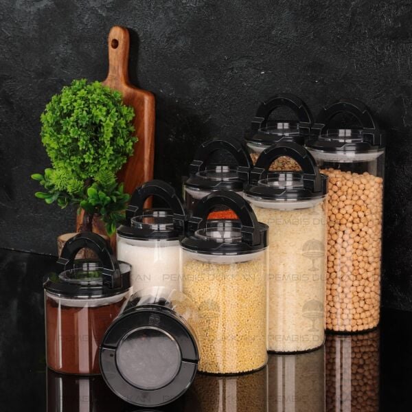 8Lİ SİYAH TESORA, ERZAK KAVANOZ SETİ (850ML-1300ML-1650ML-2100ML)