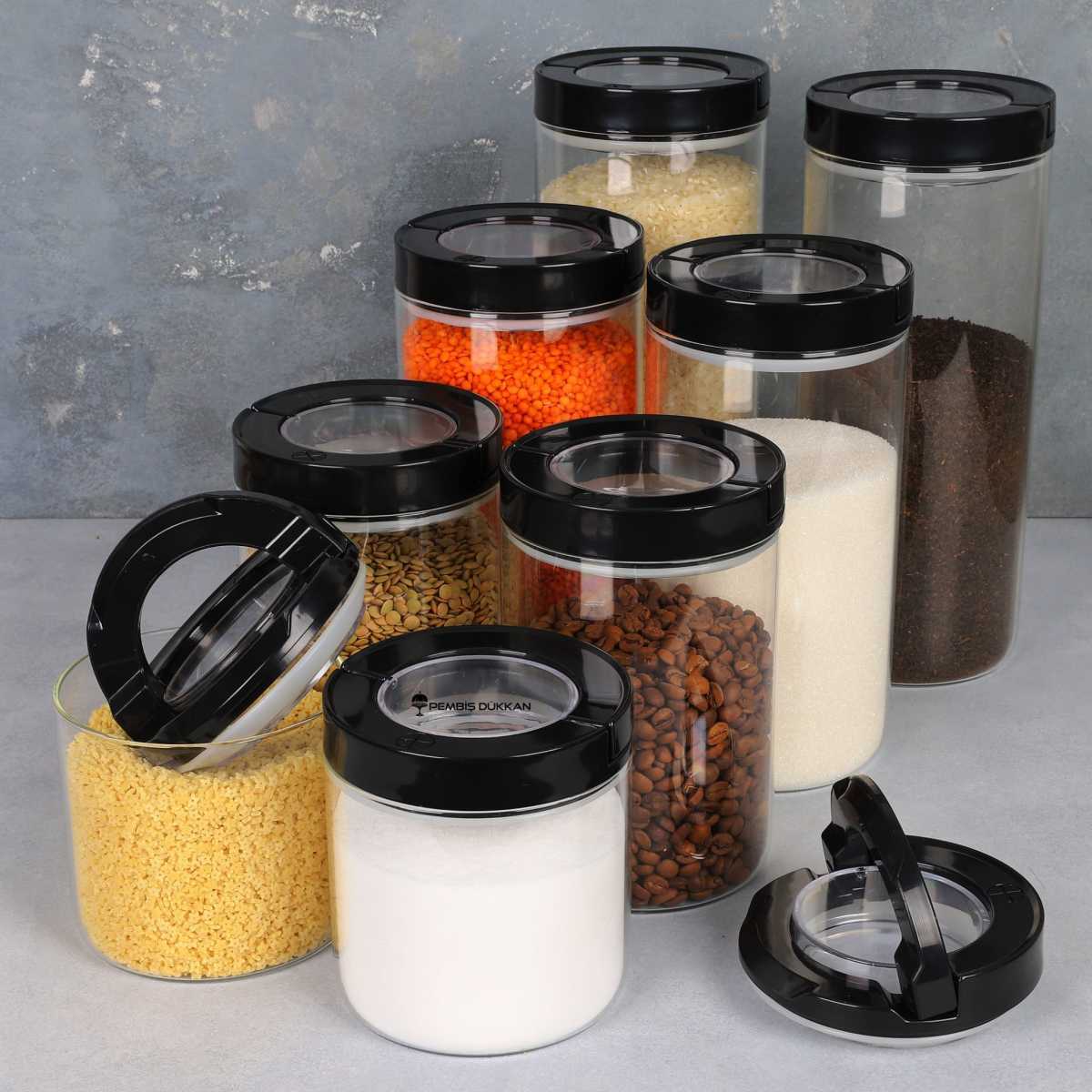 8Lİ SİYAH TESORA ERZAK KAVANOZ SETİ 850ML-1300ML-1650ML-2100ML