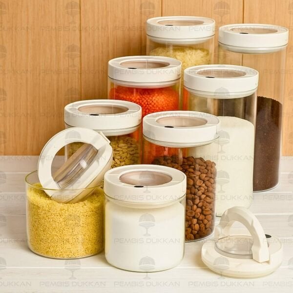 8Lİ BEYAZ TESORA, ERZAK KAVANOZ SETİ (850ML-1300ML-1650ML-2100ML)