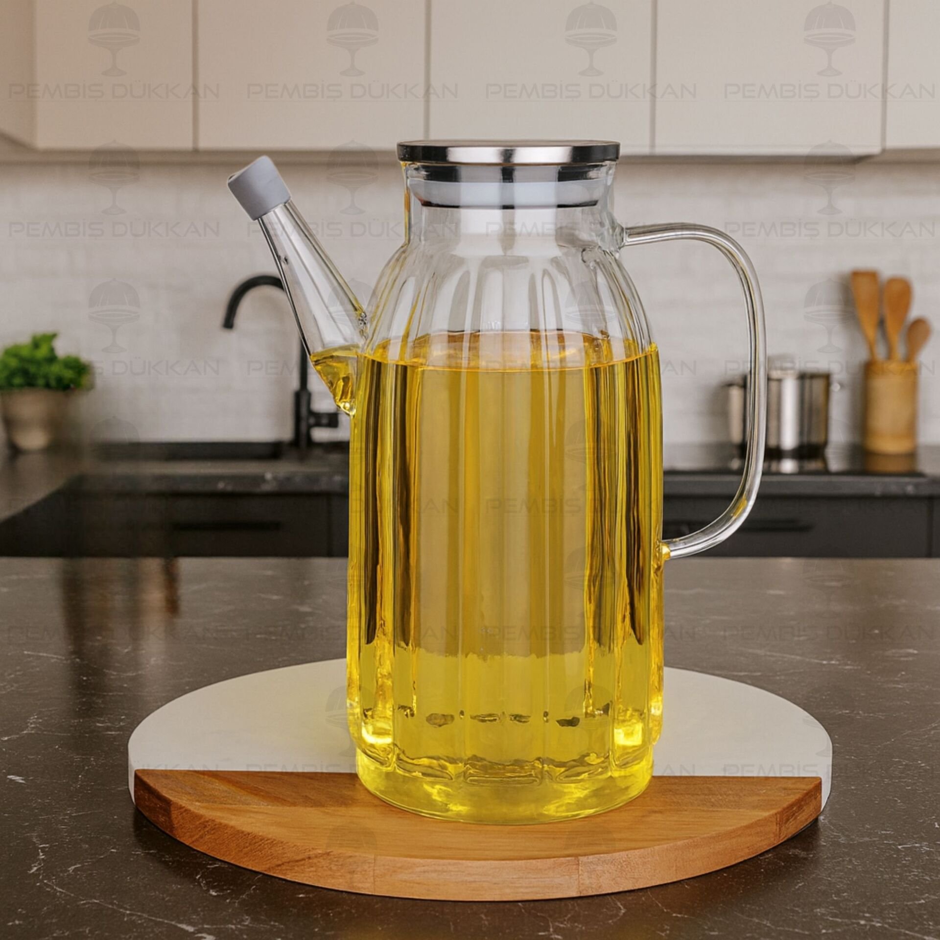 KALIN ÇİZGİLİ METAL KAPAKLI 1000ML YAĞDANLIK (GLA01)