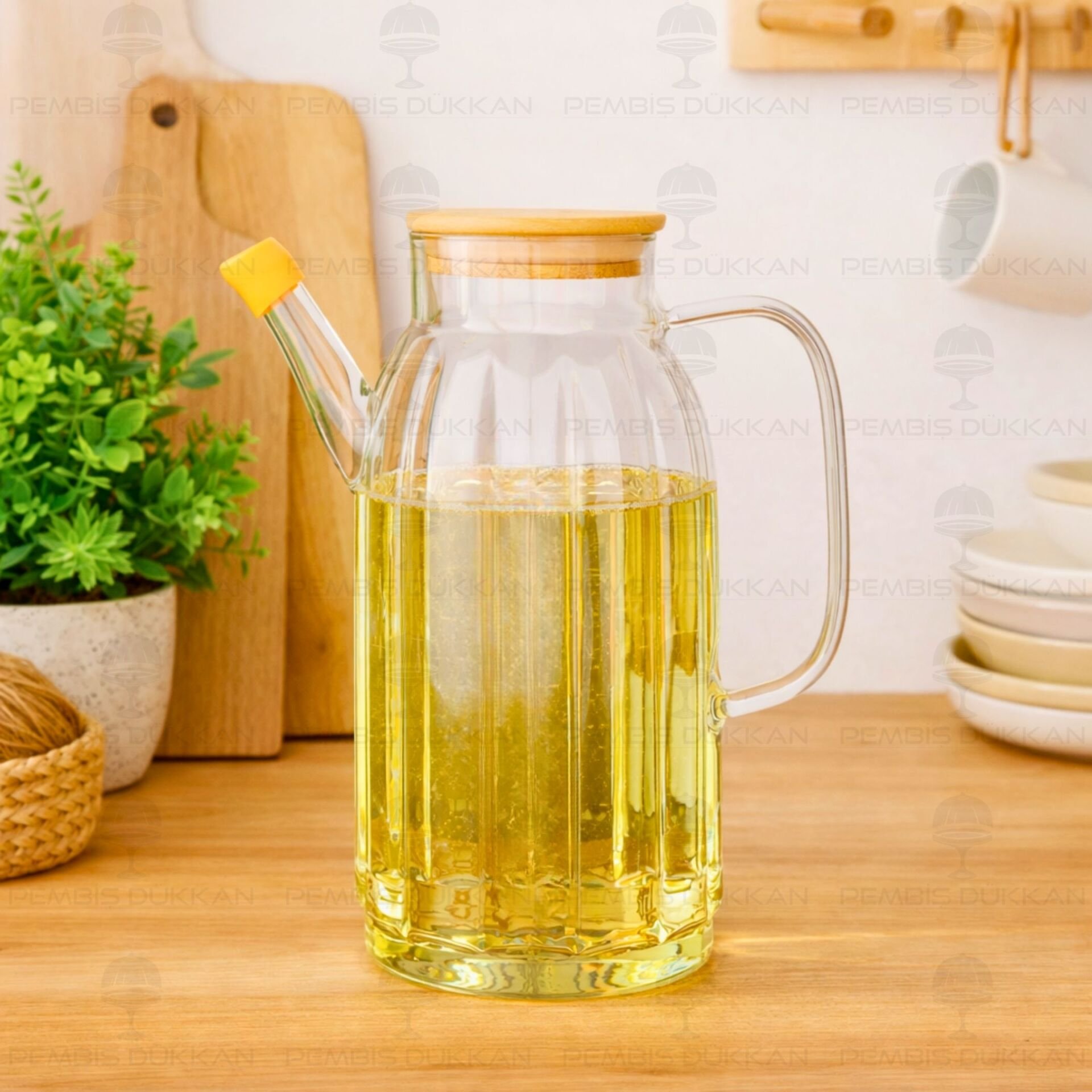 KALIN ÇİZGİLİ BAMBU KAPAKLI 1000ML YAĞDANLIK (GLA02)