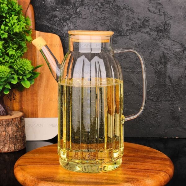 KALIN ÇİZGİLİ BAMBU KAPAKLI 1000ML YAĞDANLIK (GLA02)