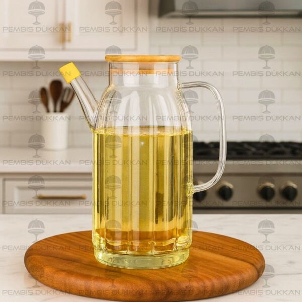 KALIN ÇİZGİLİ BAMBU KAPAKLI 1000ML YAĞDANLIK (GLA02)