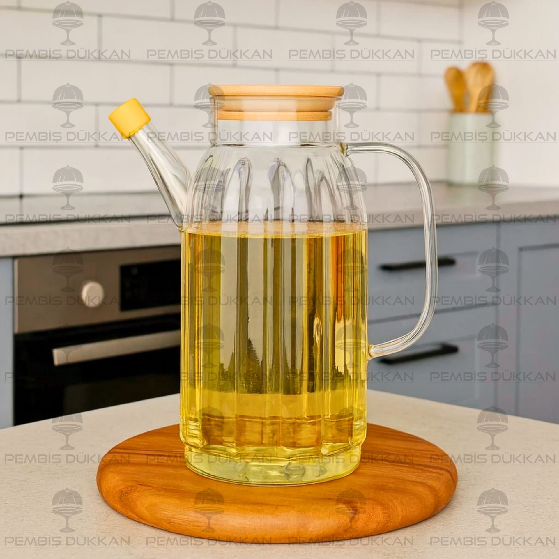 KALIN ÇİZGİLİ BAMBU KAPAKLI 1000ML YAĞDANLIK (GLA02)