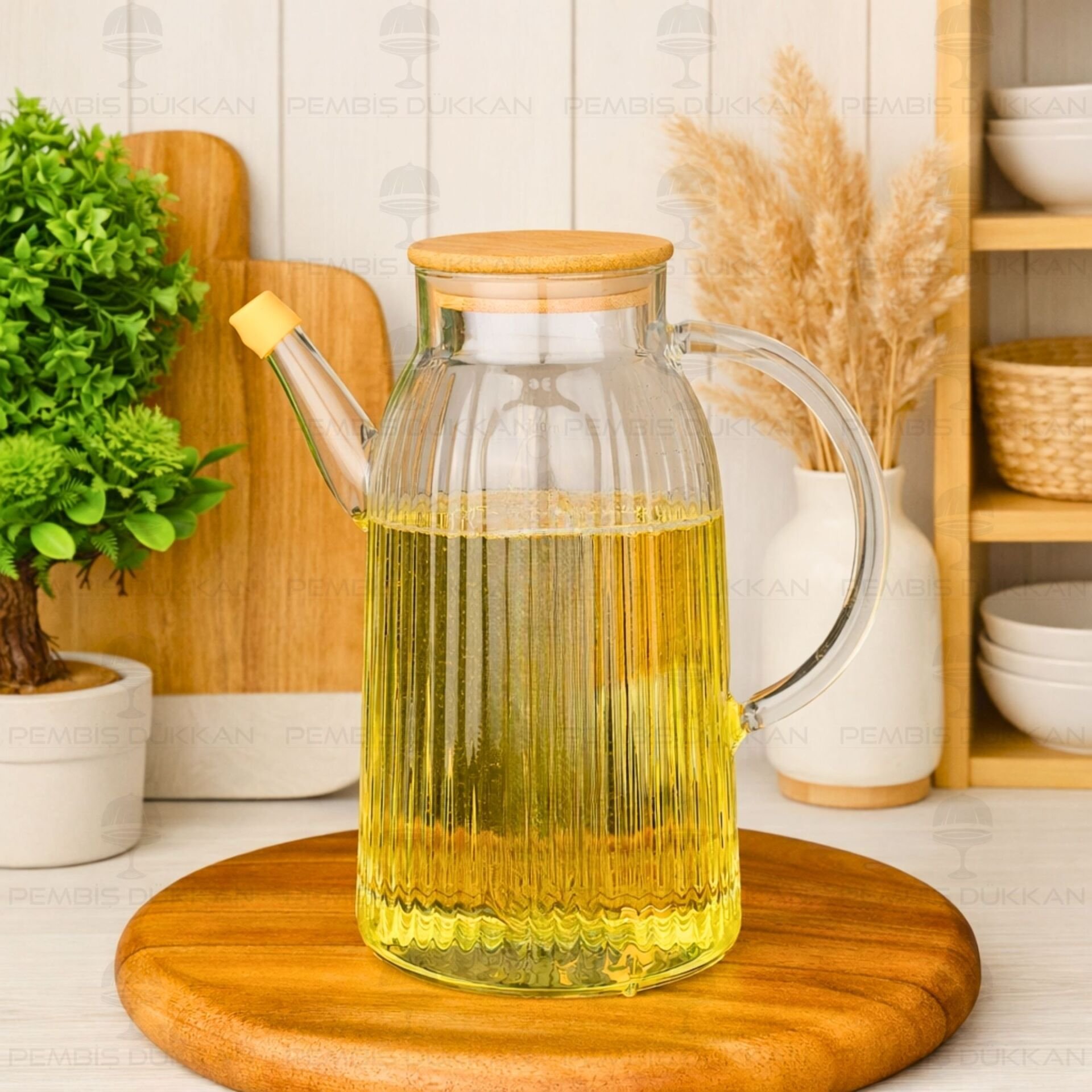 İNCE ÇİZGİLİ BAMBU KAPAKLI 1000ML YAĞDANLIK (GLA04)