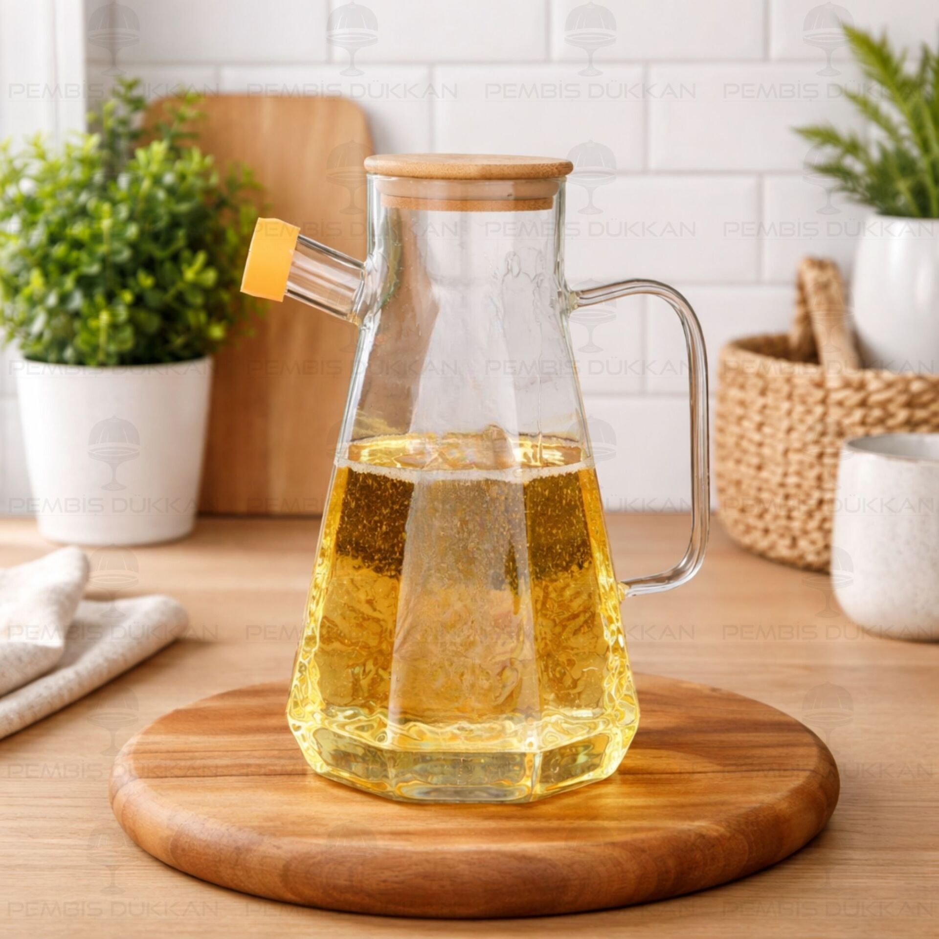 KÖŞELİ BAMBU KAPAKLI 1000ML YAĞDANLIK (GLA012)