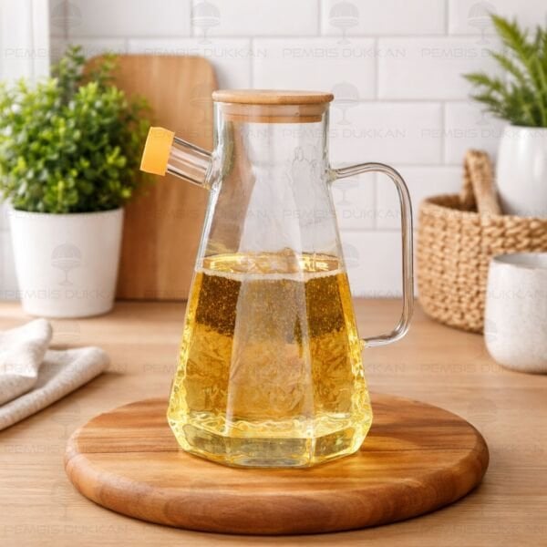 Köşeli Bambu Kapaklı 1000ml Yağdanlık (Gla012)