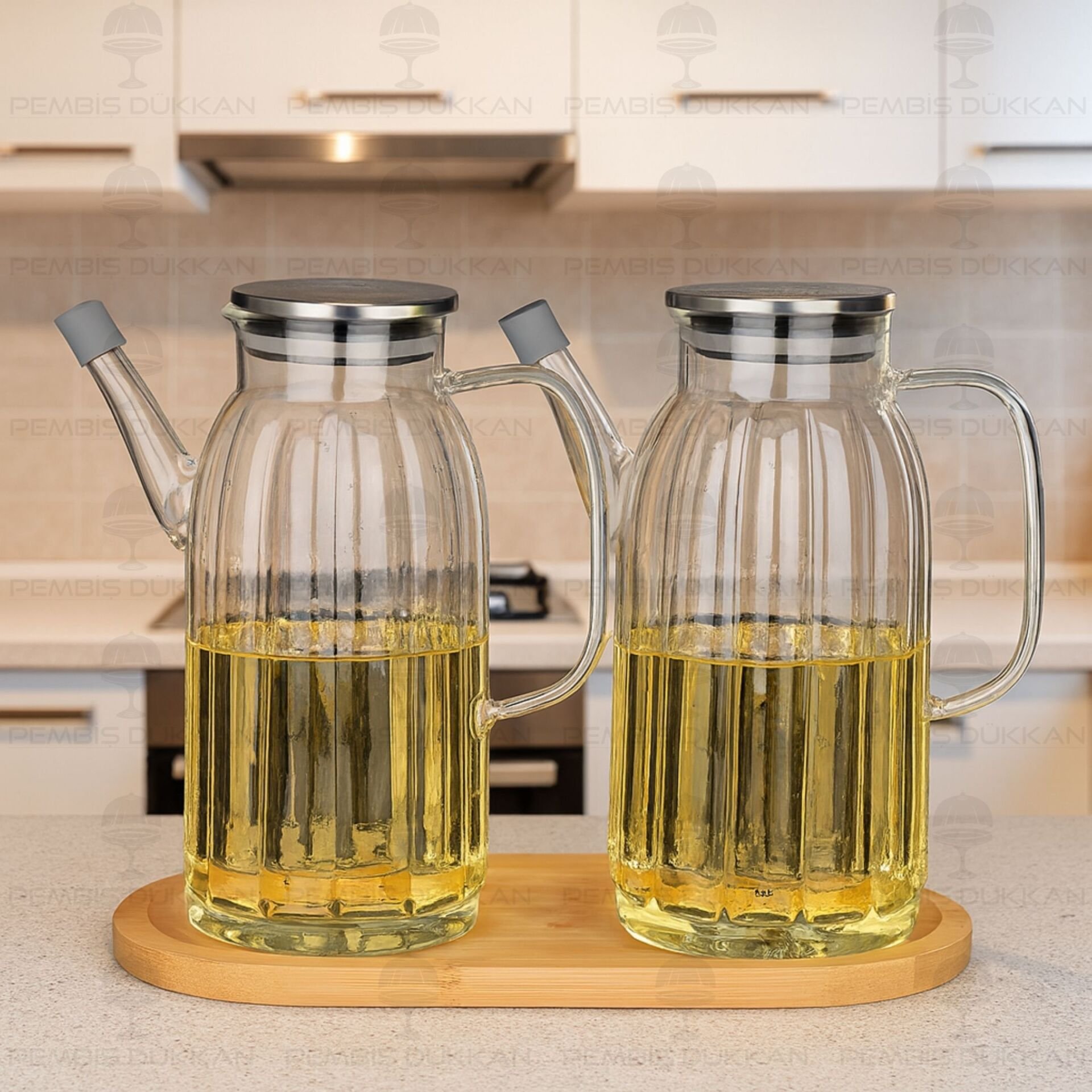 BAMBU ALTLIKLI, 2Lİ KALIN ÇİZGİLİ METAL YAĞDANLIK SET (GLA01 + 75652)