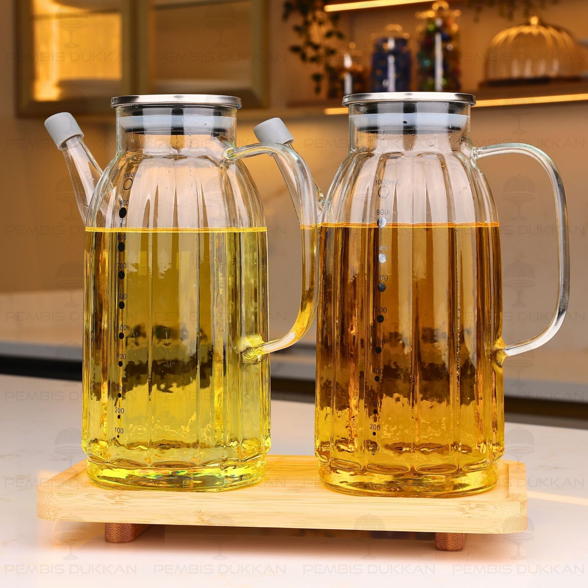 Bambu Altlıklı, 2li Kalın Çizgili Metal Yağdanlık Set (Gla01 + 8b31)