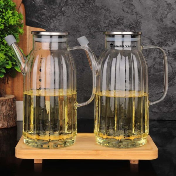 Bambu Altlıklı, 2li Kalın Çizgili Metal Yağdanlık Set (Gla01 + 8b31)