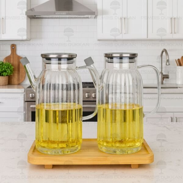 Bambu Altlıklı, 2li Kalın Çizgili Metal Yağdanlık Set (Gla01 + 8b31)