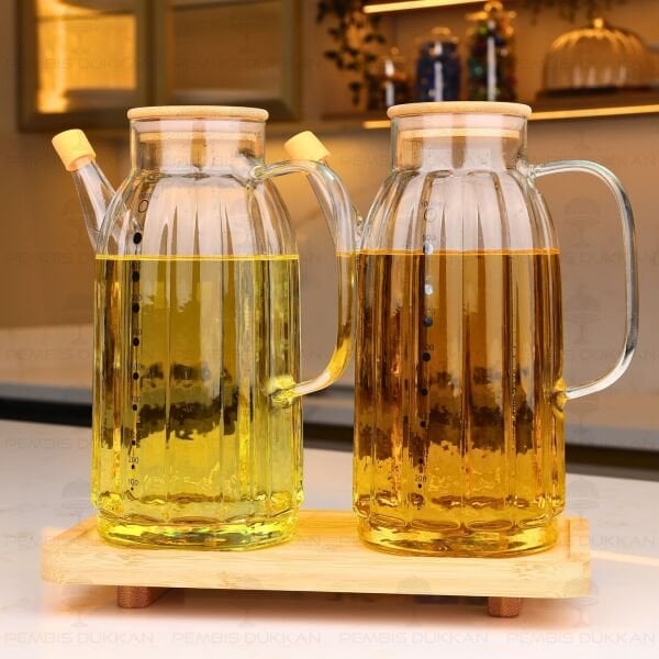 Bambu Altlıklı, 2li Kalın Çizgili Bambu Yağdanlık Set (Gla02 + 8b31)
