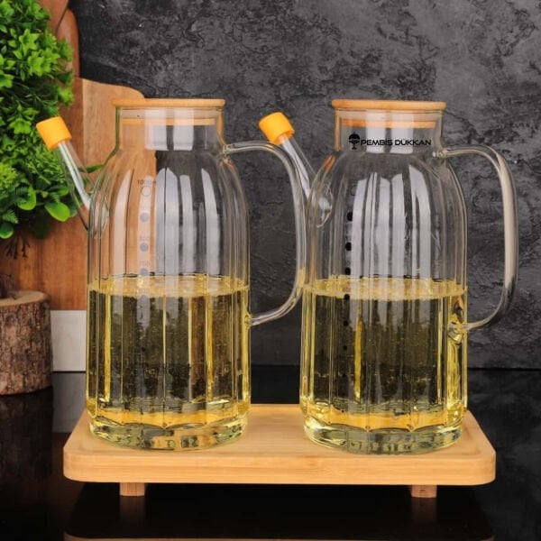 Bambu Altlıklı, 2li Kalın Çizgili Bambu Yağdanlık Set (Gla02 + 8b31)