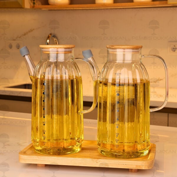 Bambu Altlıklı, 2li Kalın Çizgili Bambu Yağdanlık Set (Gla02 + 8b31)
