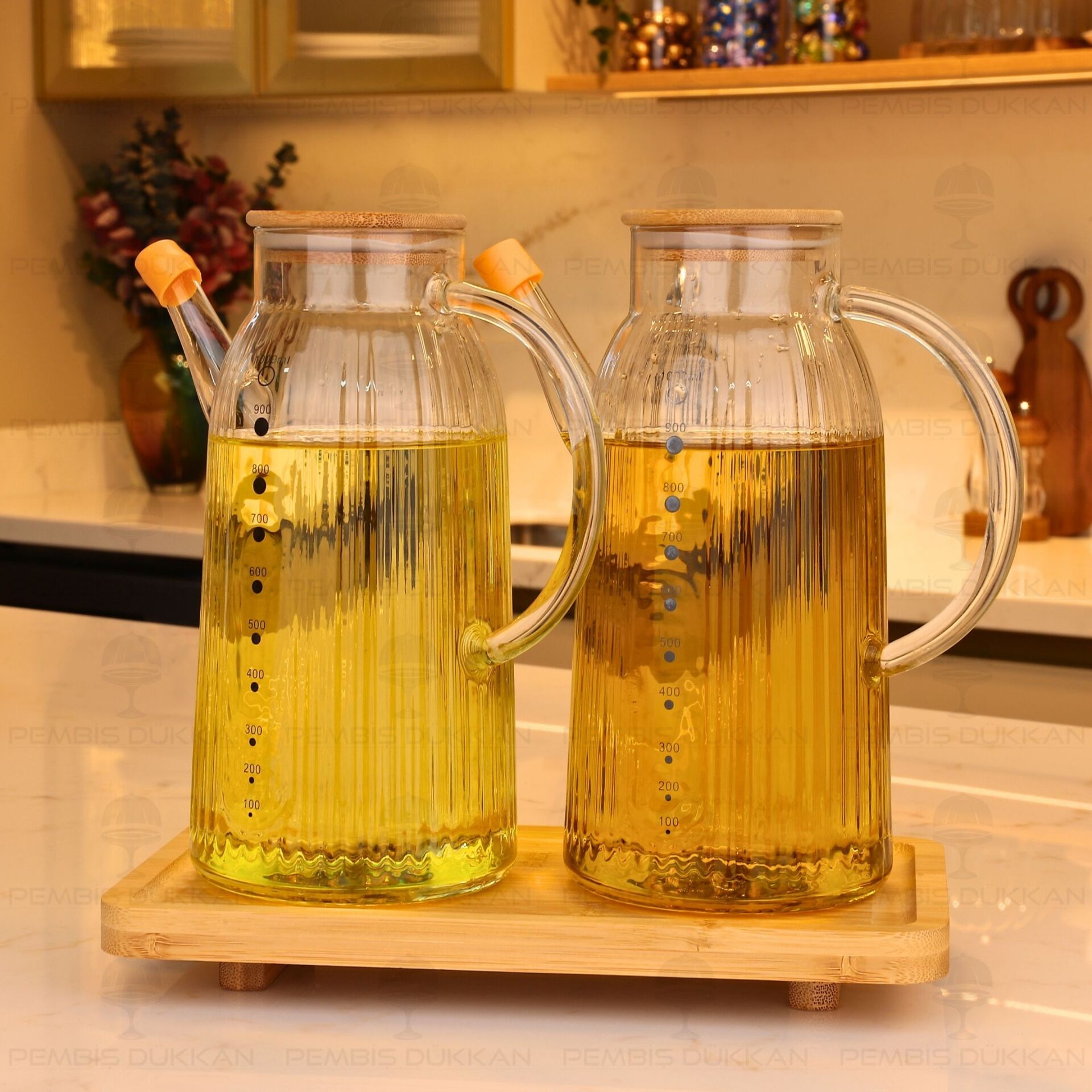Bambu Altlıklı, 2li İnce Çizgili Bambu Yağdanlık Set (Gla04 + 8b31)